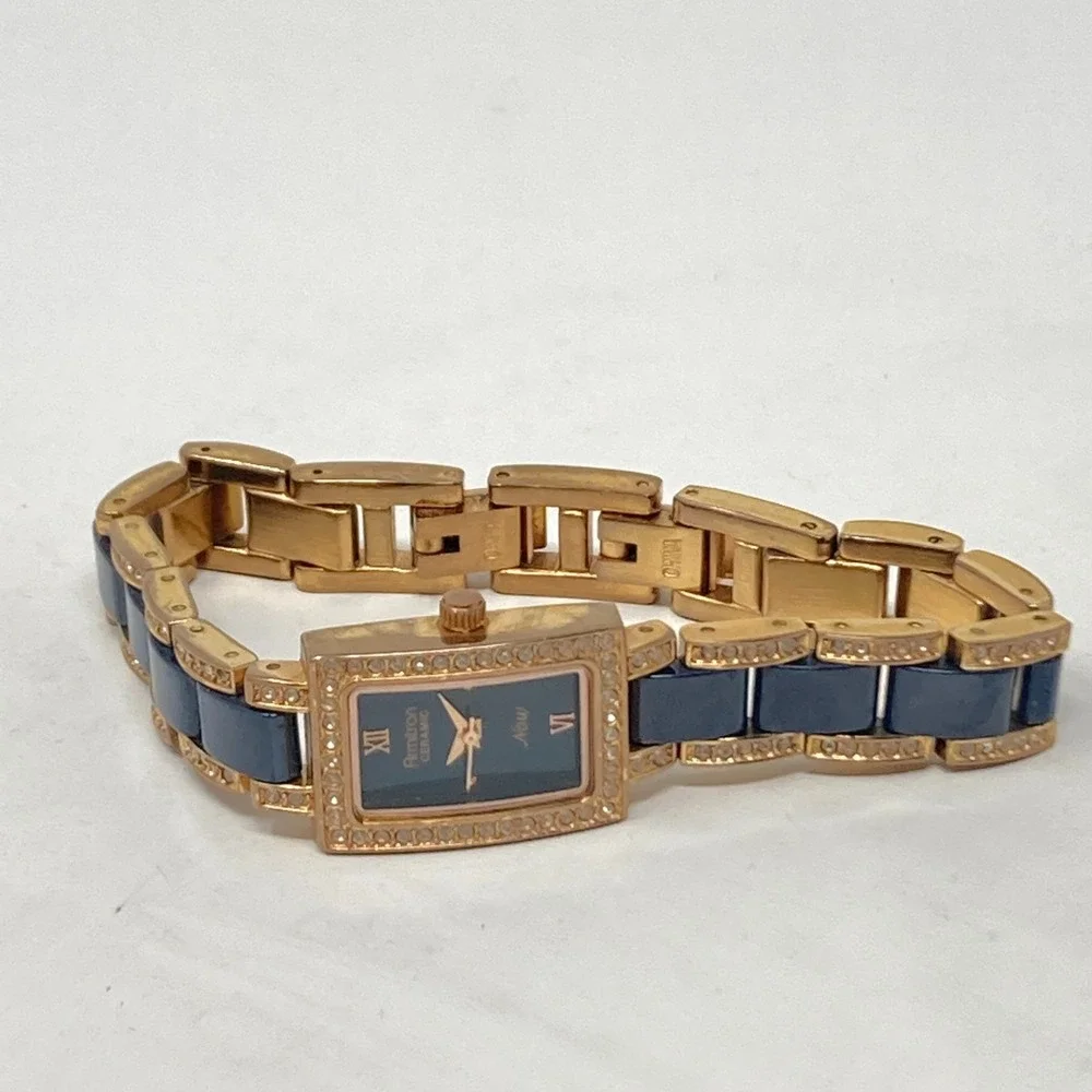 Armitron Tank Watch Women 17mm Rose Gold Tone Navy Ceramic Bling New Batt 6.75